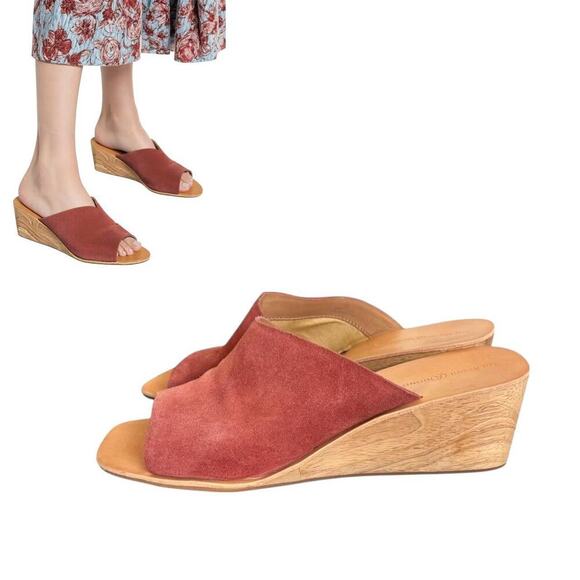 y2k‎ vtg. Burgundy suede wedge mule sandals with wooden wedge heel size 8 - Picture 1 of 7